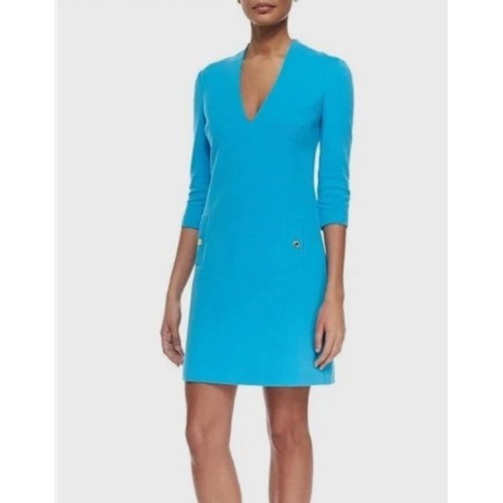 Lilly Pulitzer Blue Textured Ottoman V-Neck Shift Dress Gold Button Pockets L